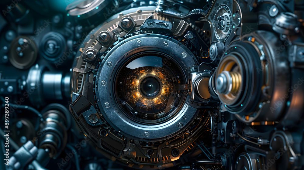 Close-up view of a mechanical AI robotic eye. Close-up view of a mechanical AI robotic eye.