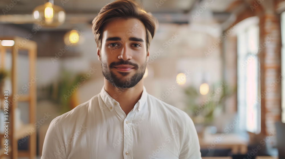 Portrait of a handsome business man in a casual white shirt looking at the camera and smiling standing against a blurred modern office interior background with copy space Portrait of a handsome business man in a casual white shirt looking at the camera and smiling standing against a blurred modern office interior background with copy space