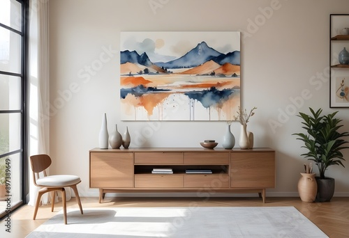 A modern living room with a tv, decoration paintings, and a tv furniture set.