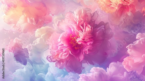 Romantic and dreamy abstract floral background with pink peonies blooming from pastel ink clouds