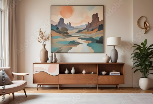 A modern living room with a tv, decoration paintings, and a tv furniture set.