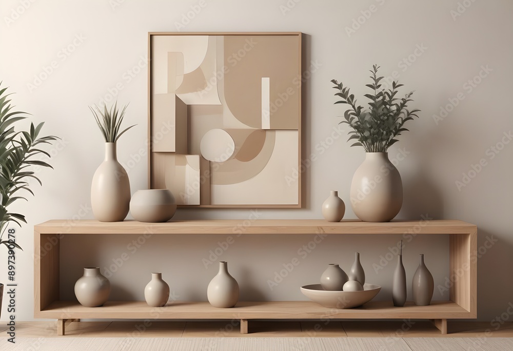 Wall painting with decoration - vases plants on a table. Wall painting with decoration - vases plants on a table.