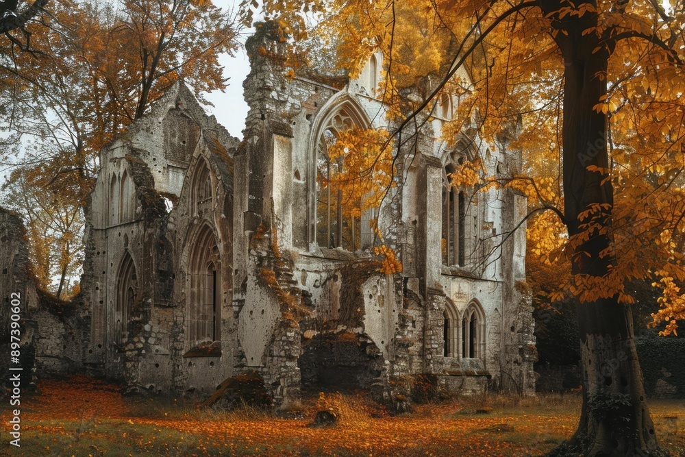 Crumbling stone walls of an old church with no roof, surrounded by fall foliage Crumbling stone walls of an old church with no roof, surrounded by fall foliage