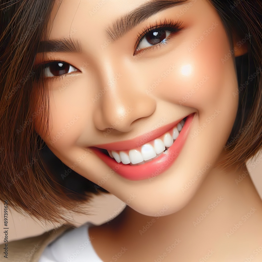 Half Portrait of a beautiful Asian girl with short hair. She has a beautiful mouth with beautiful smile, show the gleaming white teeth Half Portrait of a beautiful Asian girl with short hair. She has a beautiful mouth with beautiful smile, show the gleaming white teeth