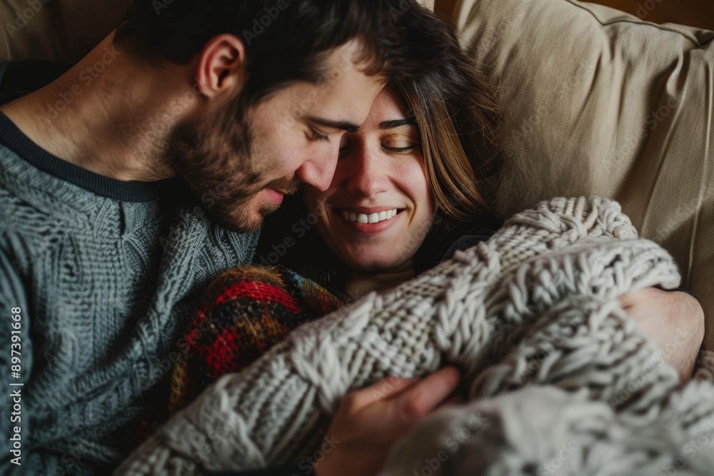 Portrait of a glad multicultural couple in their 30s sharing a blanket on the couch Portrait of a glad multicultural couple in their 30s sharing a blanket on the couch