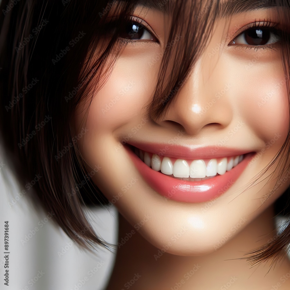 Half Portrait of a beautiful Asian girl with short hair. She has a beautiful mouth with beautiful smile, show the gleaming white teeth Half Portrait of a beautiful Asian girl with short hair. She has a beautiful mouth with beautiful smile, show the gleaming white teeth