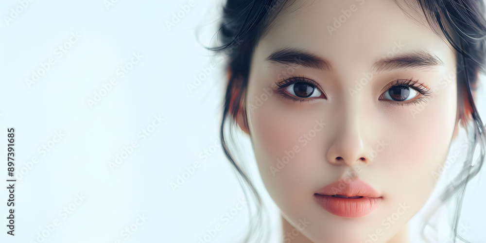 Fototapeta premium A close-up portrait showcasing the beauty of a young Asian woman with flowing black hair and subtle light makeup.