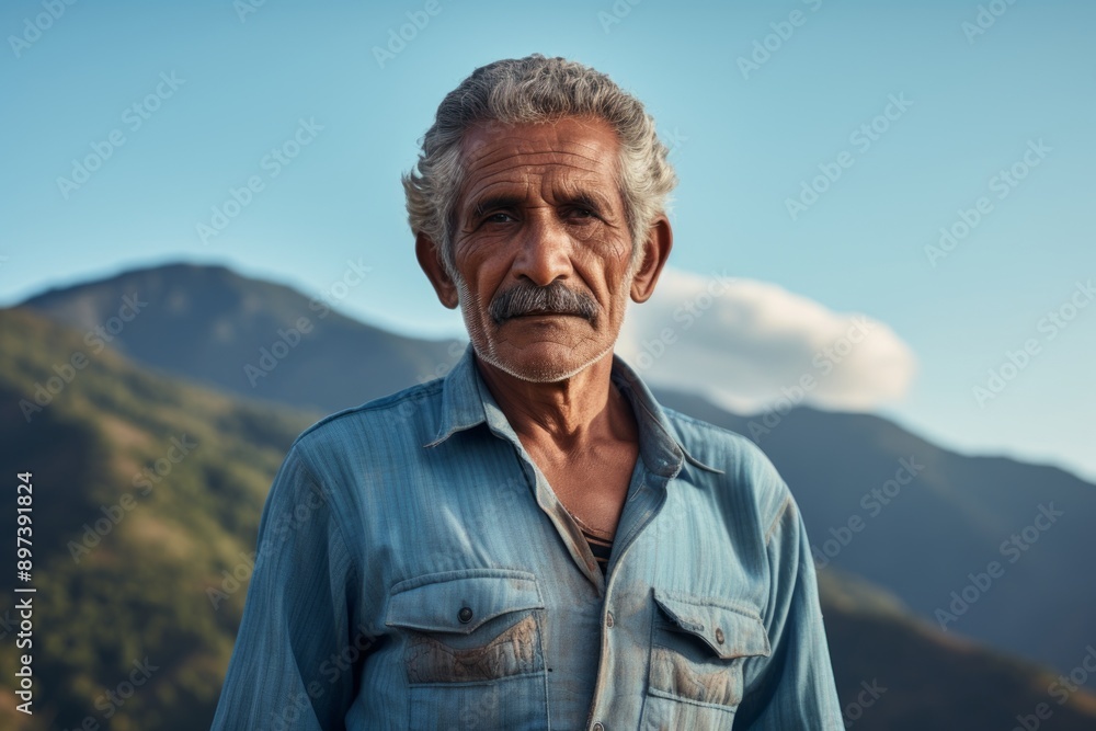 Portrait of a tender indian man in his 80s sporting a versatile denim shirt while standing against panoramic mountain vista Portrait of a tender indian man in his 80s sporting a versatile denim shirt while standing against panoramic mountain vista