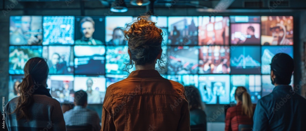 Diverse Team of Colleagues Watching Breaking News on Large Screen in Open Office Space Diverse Team of Colleagues Watching Breaking News on Large Screen in Open Office Space
