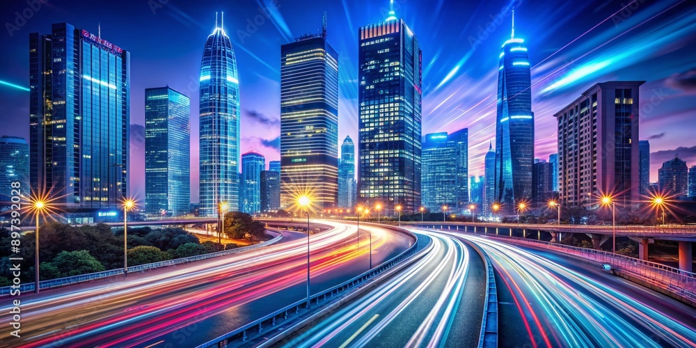 Sleek skyscraper pierces the night sky, surrounded by advanced highway infrastructure and neon-lit roads, as speeding cars leave vibrant light trails, exchanging digital data. Sleek skyscraper pierces the night sky, surrounded by advanced highway infrastructure and neon-lit roads, as speeding cars leave vibrant light trails, exchanging digital data.