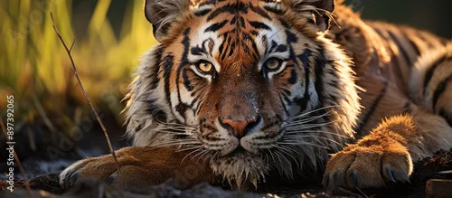 Fototapeta Tiger portrait and facing forward. Wild animals