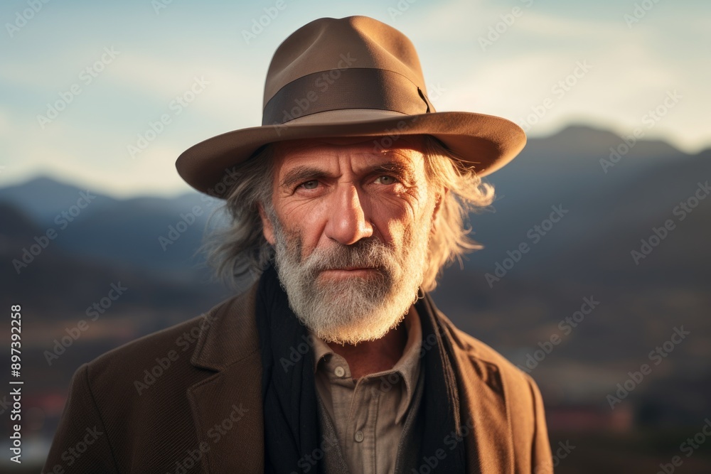 Portrait of a tender man in his 60s donning a classic fedora in panoramic mountain vista Portrait of a tender man in his 60s donning a classic fedora in panoramic mountain vista