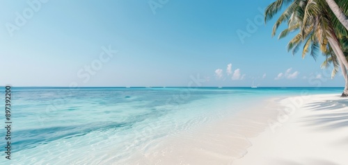 Wallpaper Mural A stunning summer vacation background of a tropical beach in the Maldives, with palm trees swaying against a blue sky, capturing the serene and picturesque nature of the islands. Torontodigital.ca