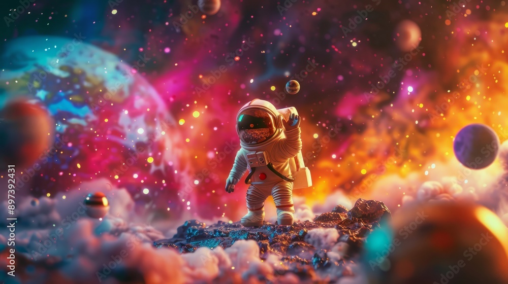 playful scene with a little boy astronaut on a small moon and a little girl astronaut on a small planet, set against a vibrant cosmic background filled with stars and galaxies. playful scene with a little boy astronaut on a small moon and a little girl astronaut on a small planet, set against a vibrant cosmic background filled with stars and galaxies.