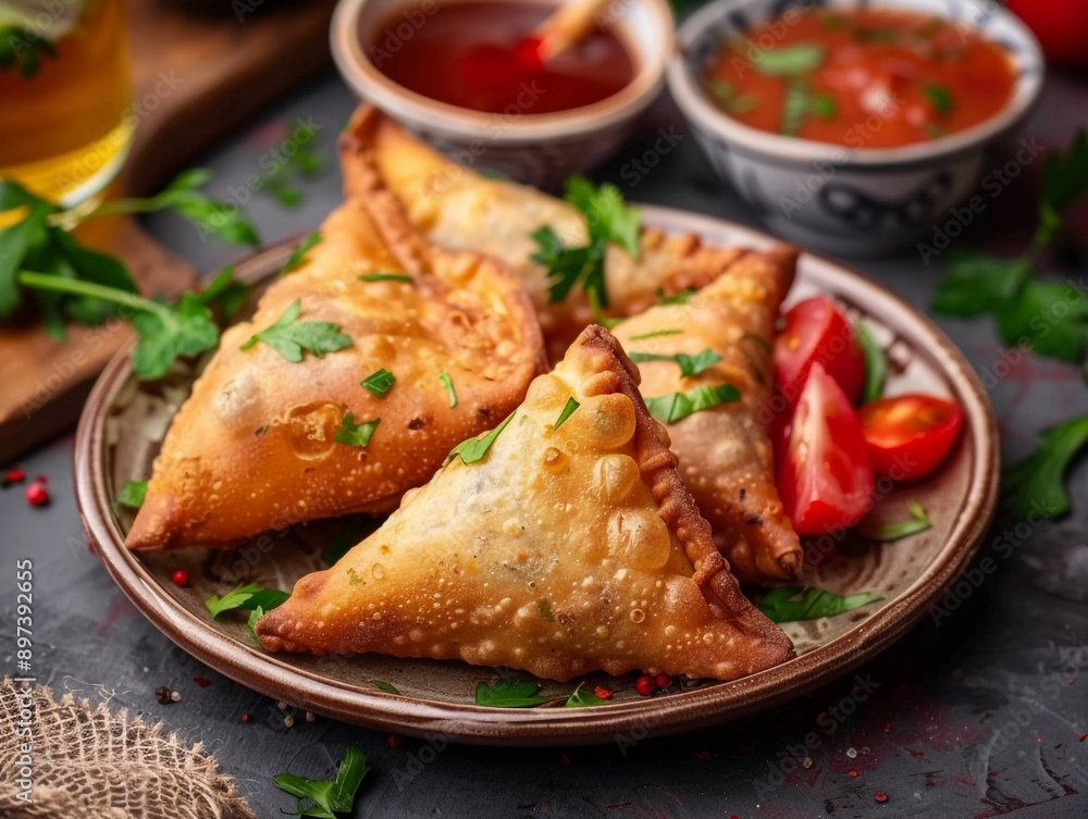 Samosa on a plate with sauce and tomatoes. Studio shot image. Samosa on a plate with sauce and tomatoes. Studio shot image.