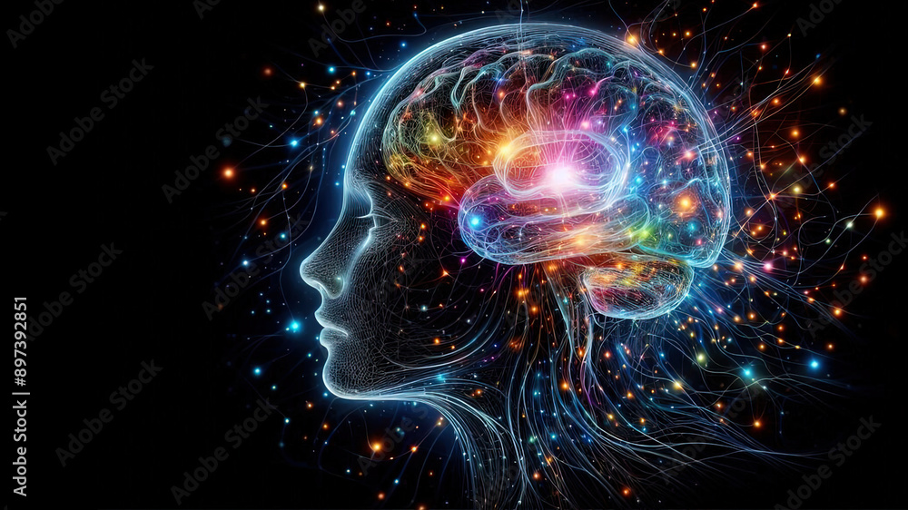 Naklejka premium Digital representation of the neural network of a healthy human brain. Generative A.I.