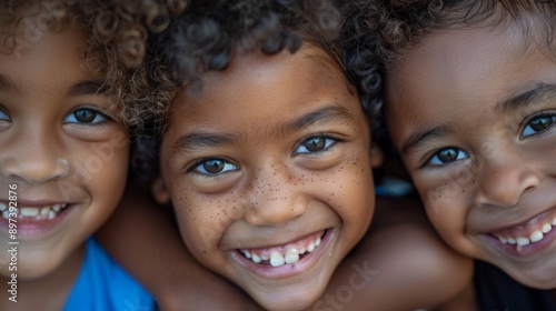 A heartwarming close-up of three smiling kids with varied hair textures © han