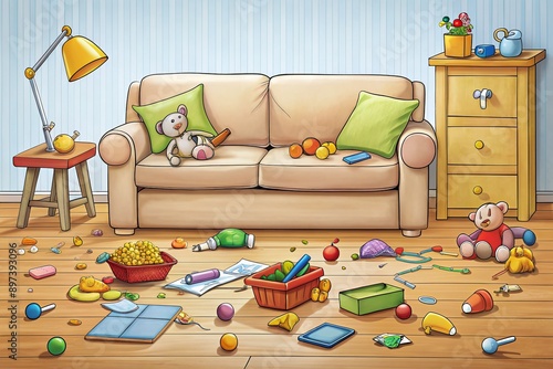 Toy-strewn living room with couch cushions tossed aside, evidence of a tantrum, with a child's abandoned shoes and scattered toys telling the story of chaos.