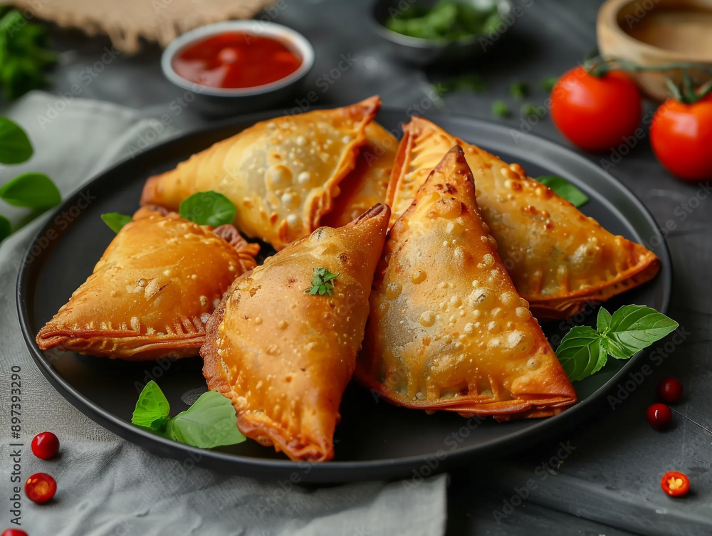Samosa on a plate with sauce and tomatoes. Studio shot image. Samosa on a plate with sauce and tomatoes. Studio shot image.