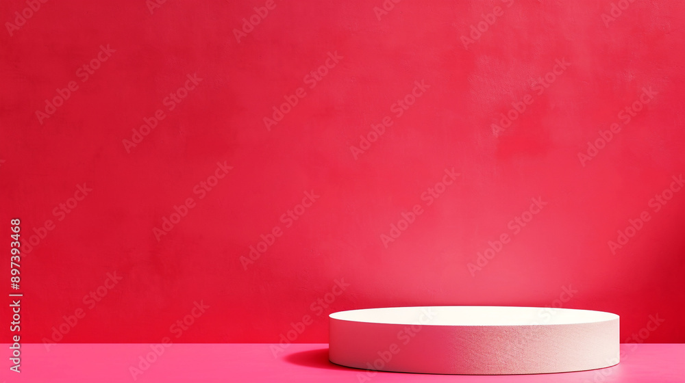 A round, white podium sits on a pink floor against a matching pink wall. Concept of minimalist product display, feminine design, and bold color scheme. A round, white podium sits on a pink floor against a matching pink wall. Concept of minimalist product display, feminine design, and bold color scheme.