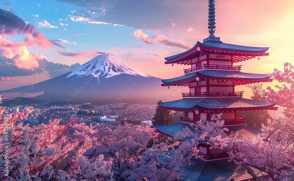 Obraz premium A stunning Japanese pagoda surrounded by cherry blossoms, with Mount Fuji in the background at sunrise. 