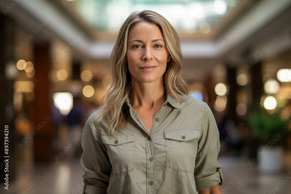 Portrait of a tender woman in her 40s sporting a breathable hiking shirt while standing against bustling shopping mall Portrait of a tender woman in her 40s sporting a breathable hiking shirt while standing against bustling shopping mall