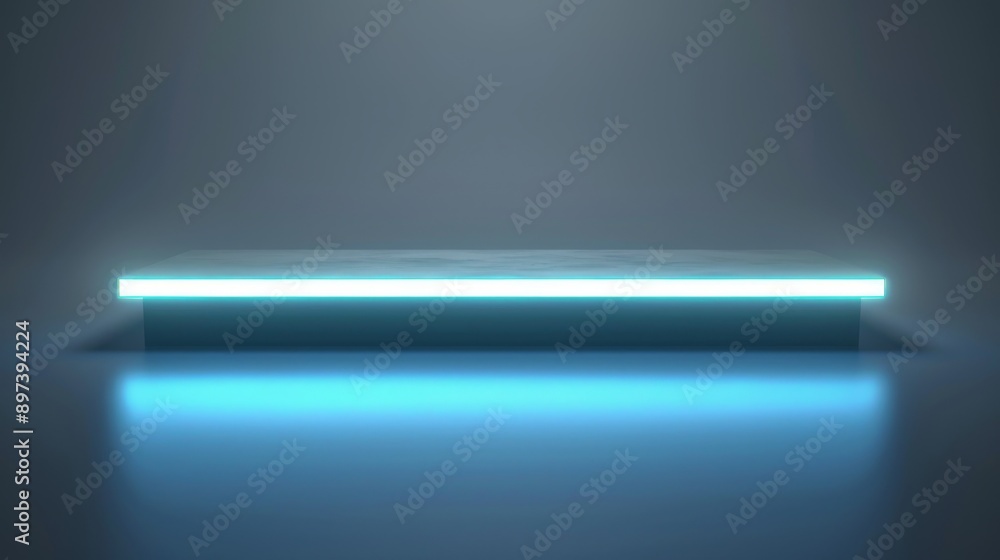 Neon lit empty rectangular podium on dark background, ideal for showcasing your product Neon lit empty rectangular podium on dark background, ideal for showcasing your product