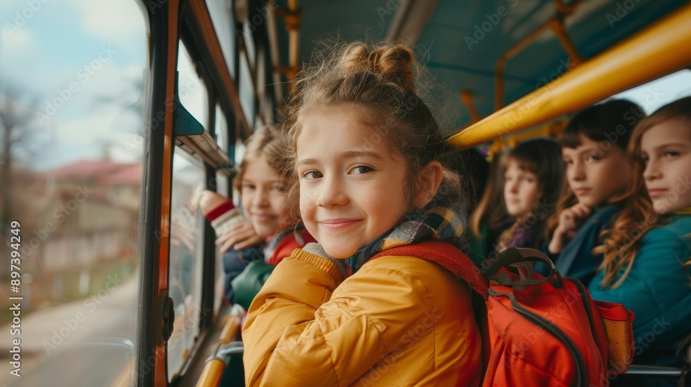 A group of happy school children ride a school bus and look out the window. The concept of school and learning A group of happy school children ride a school bus and look out the window. The concept of school and learning