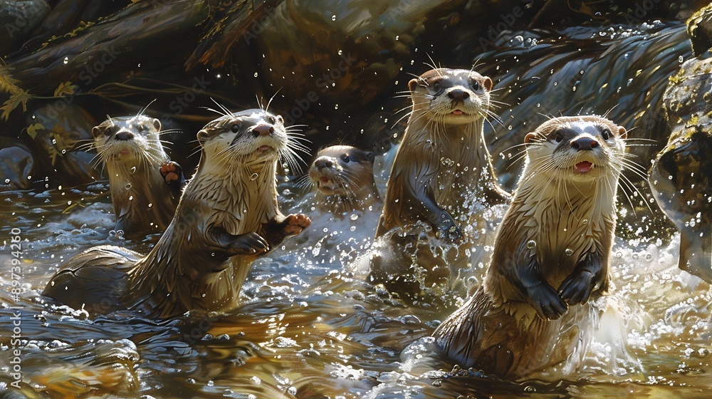 Obraz premium Playful Otters in a Forest Stream