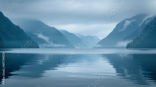 Misty mountain lake at dawn, tranquil water and foggy landscape. Concept of nature, serenity, morning calm, wilderness exploration. Background