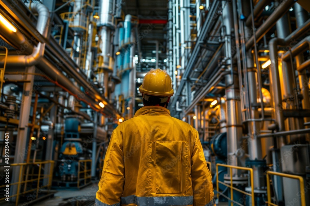 A man in a yellow jacket is standing in a large industrial building A man in a yellow jacket is standing in a large industrial building