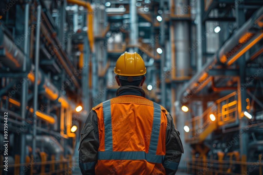 A man in a yellow hard hat and orange vest stands in a large industrial building A man in a yellow hard hat and orange vest stands in a large industrial building
