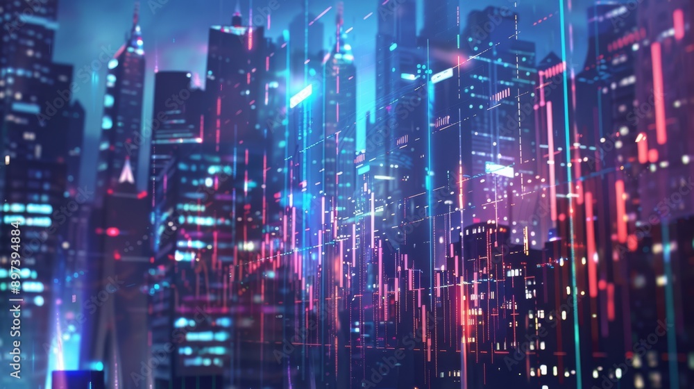 Glowing skyscrapers with digital lines create a futuristic cityscape at night, vibrant with neon lights. Glowing skyscrapers with digital lines create a futuristic cityscape at night, vibrant with neon lights.