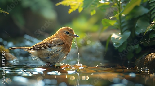 A crisp and detailed photo of a Goldeeg bird drinking water from a crystal-clear stream in a serene forest. 