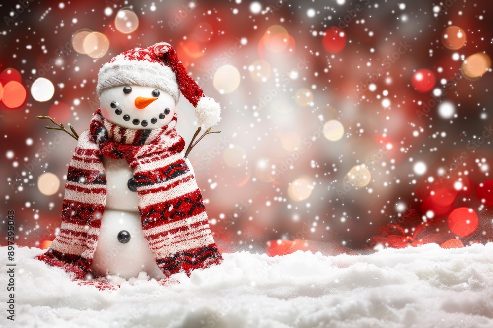 Obraz premium Festive snowman wearing scarf and hat with winter bokeh lights
