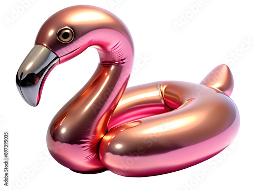 Isolated flamingo cut out on a transparent background. Pink inflatable rings, gold and pink glossy flamingos and a pool ball. 3d icons inflatable flamingos. Summer toys for the beach or pool.