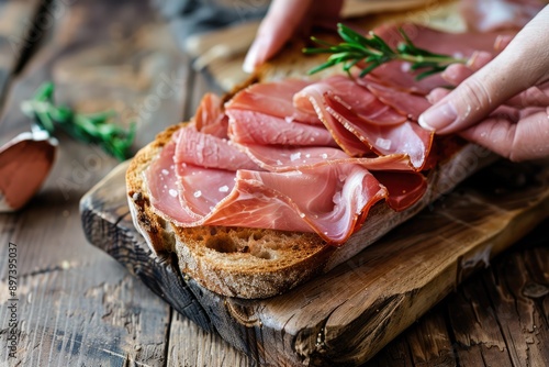 Hand holding ham sliced on a piece of bread , Food contamination, Concept of Listeria outbreak, Generative AI photo