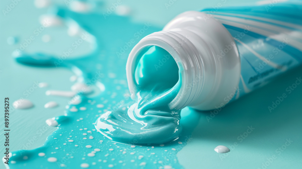 Beautiful close-up photo of a tube of toothpaste with toothpaste squeezed out of it, toothpaste stains on the background Beautiful close-up photo of a tube of toothpaste with toothpaste squeezed out of it, toothpaste stains on the background