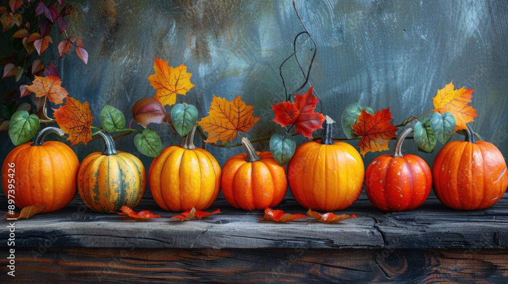 Colorful pumpkins and leaves on a blue wooden background. Autumn, Thanksgiving festive background with space for text. Colorful pumpkins and leaves on a blue wooden background. Autumn, Thanksgiving festive background with space for text.