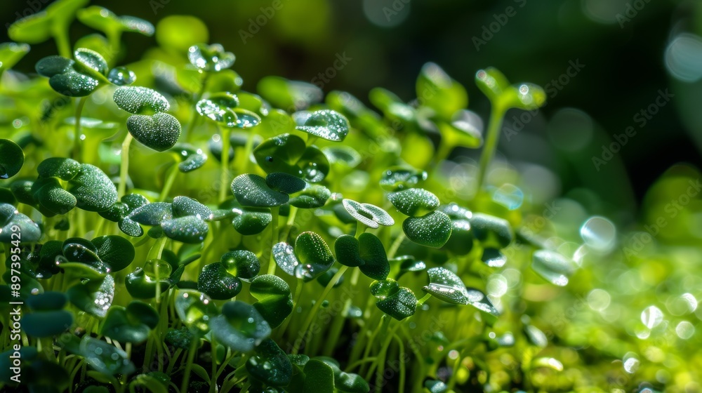 Green sprouts with morning dew in a garden Green sprouts with morning dew in a garden