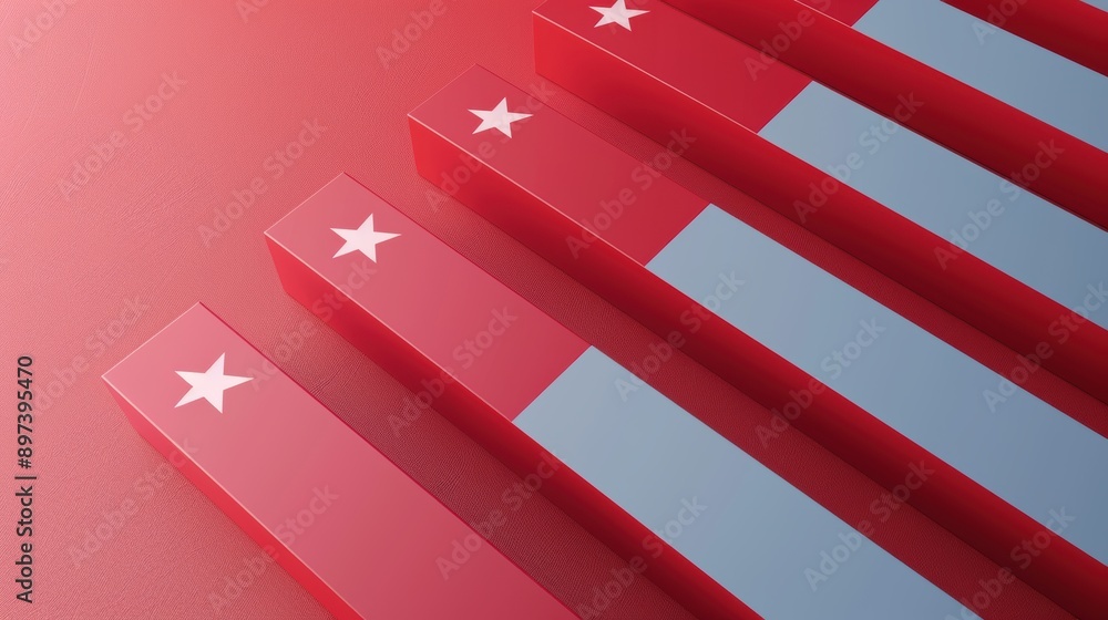Fototapeta premium Red and Blue Bars with White Stars Stylized red and blue bars with white stars, arranged in a geometric pattern, representing patriotism and American symbolism
