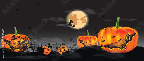 Halloween banner with traditional symbols. Pumpkins and a witch against the background of the moon, illustration.
Vector image formats earnings per share