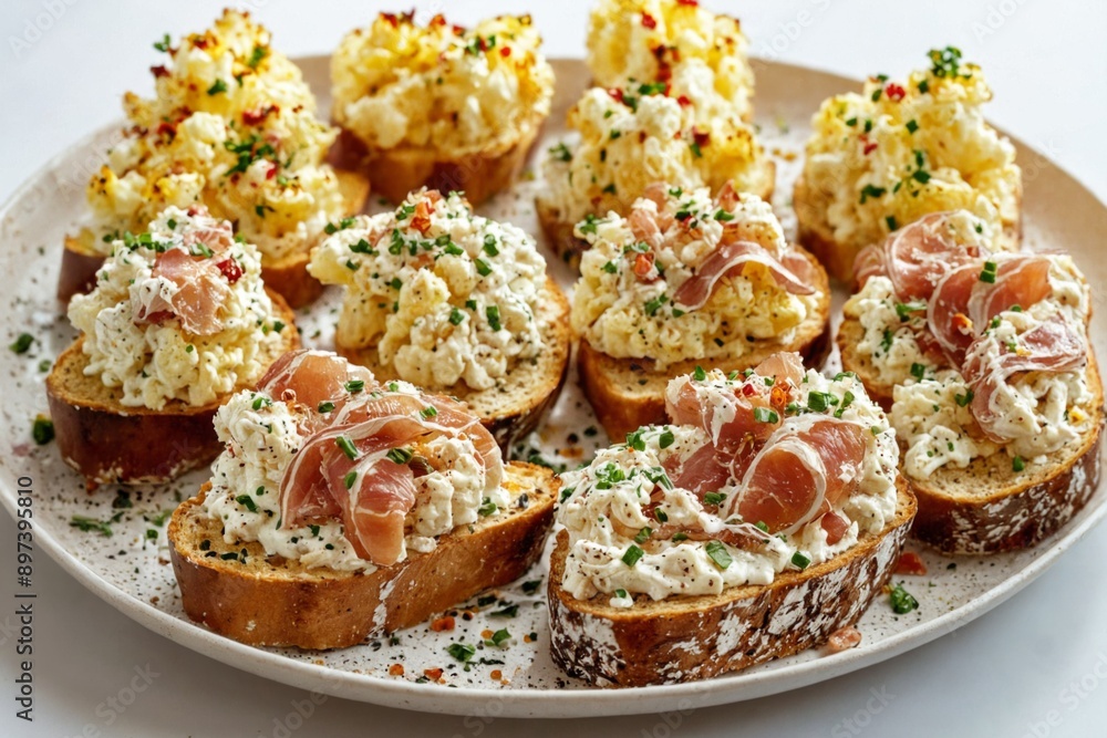 Plate crostini variety toppings is white round it Savory Caulifl Plate crostini variety toppings is white round it Savory Caulifl