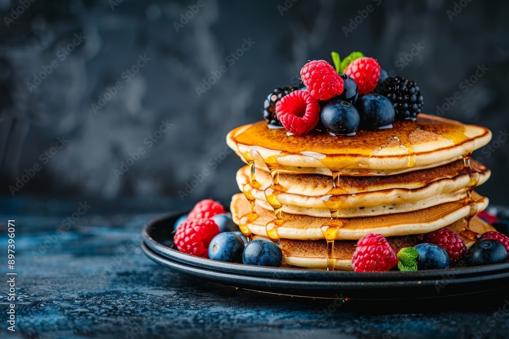 Fresh berry pancakes with syrup on dark rustic background Fresh berry pancakes with syrup on dark rustic background