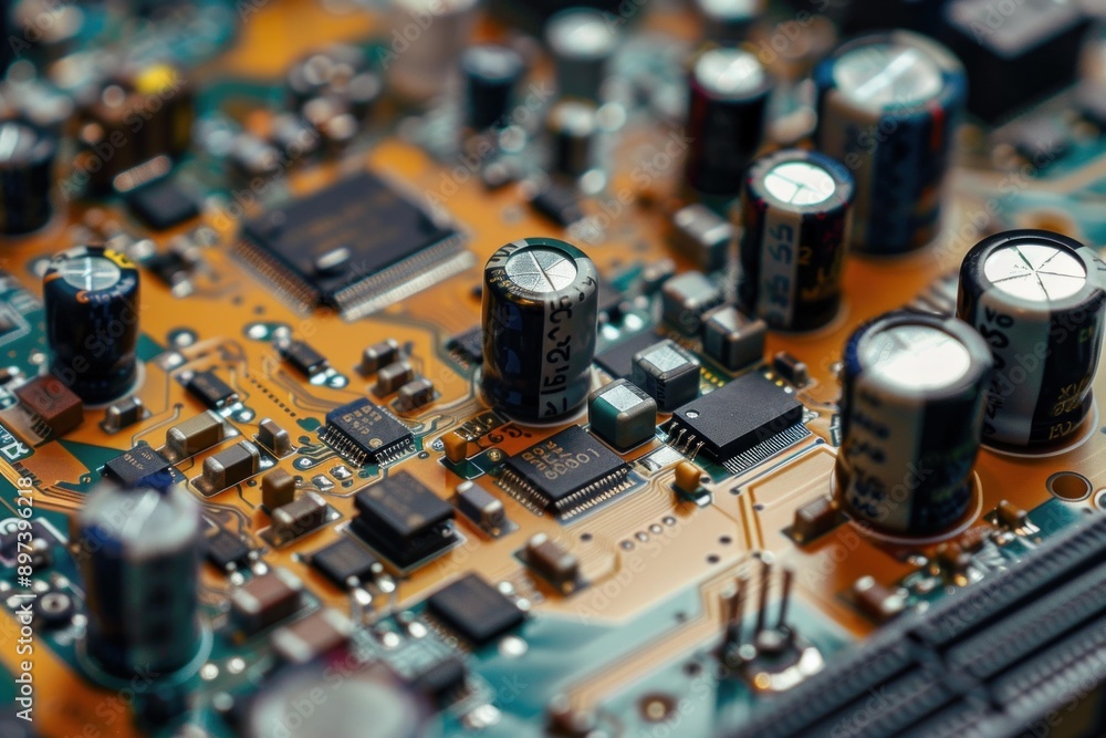 Close up of an electronic circuit board with various components Close up of an electronic circuit board with various components