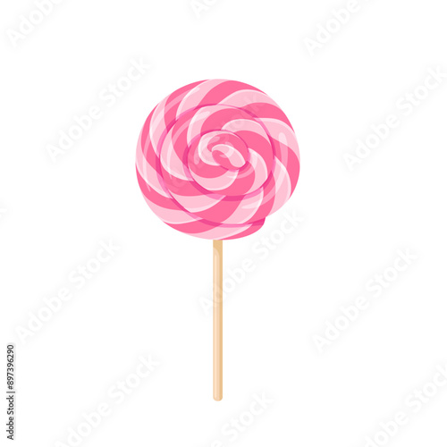 Pink lollipop swirl on wooden stick isolated on white background. Vector cartoon flat illustration of sweet round candy.