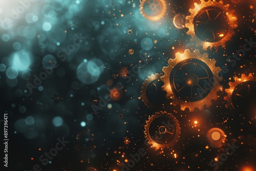 Glistening gears in a dreamlike orange and blue bokeh background