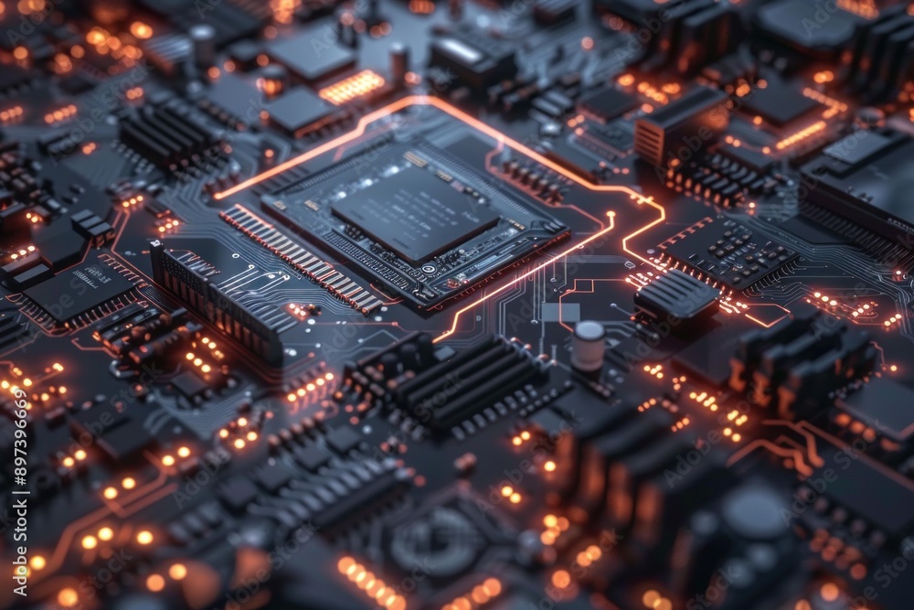 Close up of a modern circuit board, illuminated with glowing orange lines, highlighting the complexity of modern technology Close up of a modern circuit board, illuminated with glowing orange lines, highlighting the complexity of modern technology