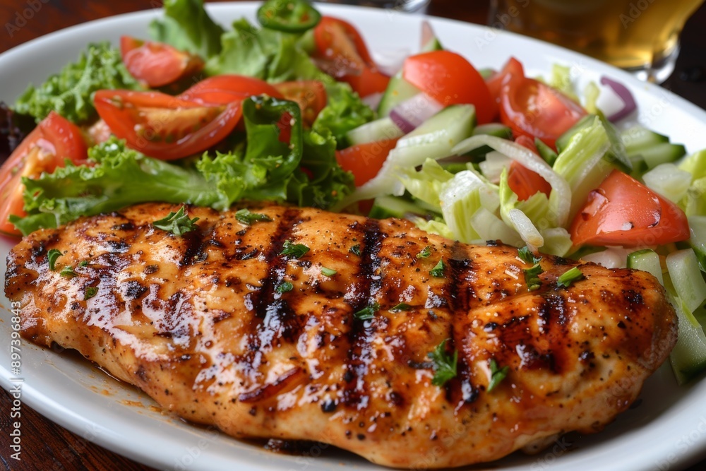 Grilled chicken breast with fresh salad on wooden table Grilled chicken breast with fresh salad on wooden table