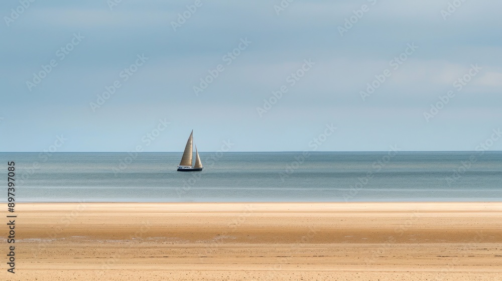 Obraz premium Sailboat on a Calm Sea and Sandy Shore